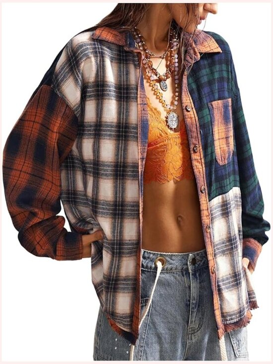Tops - Oversized Plaid Button Down Blouse with Pockets